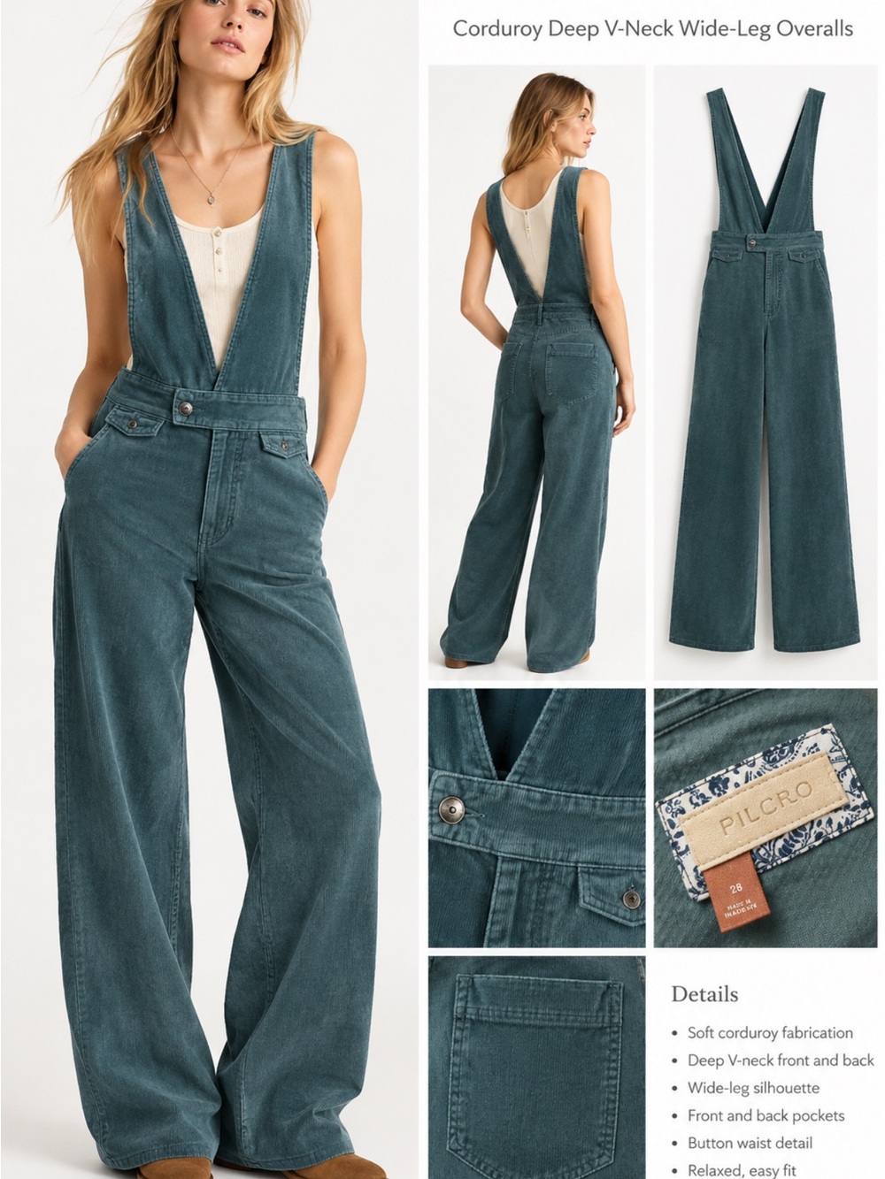 Pilcro Teal Corduroy Deep-V Wide-Leg Jumpsuit
